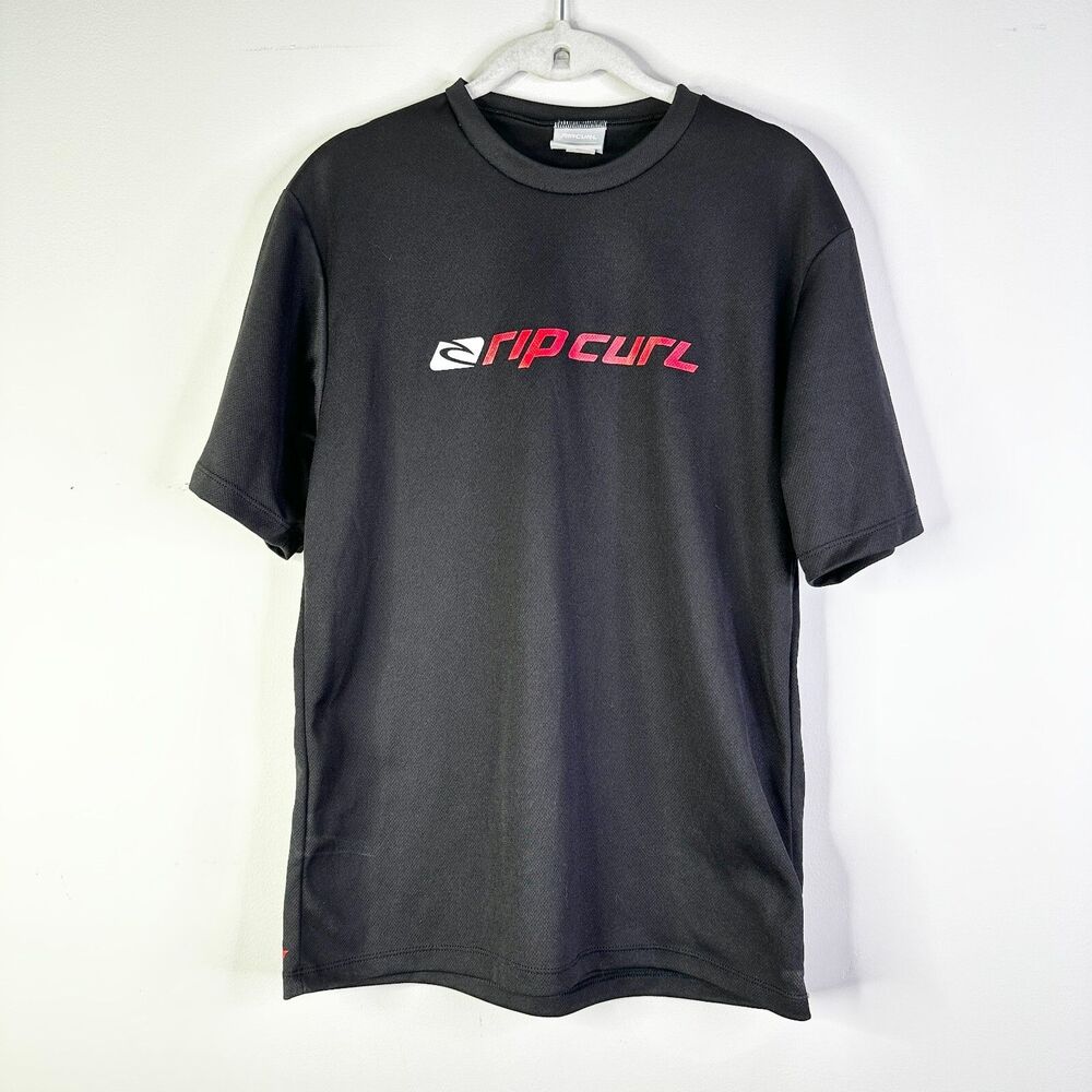 Rip Curl Rash Guard Shirt Mens S Black Red Short Slv Surf Logo Tee Water Sports